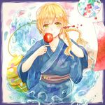  androgynous as8521 balloon blonde_hair blue_kimono braid candy_apple closed_mouth earrings food green_eyes japanese_clothes jewelry kimono light_smile looking_at_viewer magi_the_labyrinth_of_magic male_focus mole mole_under_eye solo titus_alexius twin_braids water wind_chime yukata 