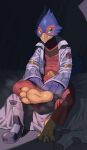 absurd_res anthro avian beak bed bedroom bird blush bodily_fluids boots clothed clothing falco_lombardi feet footwear furniture hi_res looking_at_viewer male marlis_sig nintendo solo star_fox sweat sweaty_feet winged_arms wings