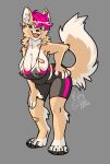 absurd_res anthro band-aid bandage big_breasts breasts canid canine canis domestic_dog female hair hi_res kingkapro mammal nipple_piercing nipples piercing pink_hair solo wolf workout_clothing