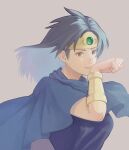  1girl arm_guards b-saku blue_cloak breasts brown_eyes cloak closed_mouth dragon_quest dragon_quest_dai_no_daibouken eimi_(dai_no_daibouken) floating_hair forehead_protector gem green_gemstone grey_background grey_hair hand_up large_breasts long_hair looking_ahead medium_hair parted_bangs simple_background smile solo wind wiping_face 