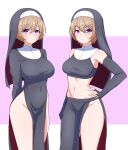  2girls absurdres arms_behind_back bare_legs bare_shoulders blush breasts brown_hair coif commentary_request covered_navel cowboy_shot elbow_gloves fingerless_gloves gloves hair_between_eyes hand_on_own_hip highres kamidan large_breasts looking_at_viewer midriff multiple_girls navel nun original purple_eyes short_hair siblings side_slit twins 