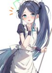  1girl :d absurdly_long_hair apron aqua_ribbon aris_(blue_archive) aris_(maid)_(blue_archive) black_dress black_hair black_wristband blue_archive blue_eyes commentary_request dress frilled_apron frills green_halo halo hand_on_own_chin highres holding holding_mop long_hair lookhow maid maid_apron maid_headdress mop notice_lines official_alternate_costume open_mouth parted_bangs ponytail puffy_short_sleeves puffy_sleeves ribbon short_sleeves simple_background smile solo square_halo very_long_hair white_apron white_background 