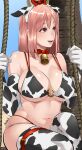  1girl :d animal_ears animal_print bare_shoulders bell bikini breasts butcha-u cleavage commentary cow_ears cow_horns cow_print dead_or_alive elbow_gloves fake_animal_ears fake_horns gloves highres honoka_(doa) horns long_hair navel neck_bell pink_hair red_eyes smile solo swimsuit swing thighhighs tree 