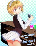  1girl ass blonde_hair blush breasts character_name closed_mouth cutlass_(girls_und_panzer) dated girls_und_panzer happy_birthday highres kumaisao looking_at_viewer maid_headdress miniskirt no_panties short_hair skirt small_breasts smile solo waitress white_skirt yellow_eyes 