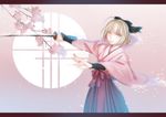  ahoge bad_id bad_pixiv_id blonde_hair cherry_blossoms fate_(series) flower hair_ribbon hair_up hakama half_updo japanese_clothes jewelry katana koha-ace letterboxed meiji_schoolgirl_uniform nuruhachi_(honki) okita_souji_(fate) okita_souji_(fate)_(all) petals pink_eyes purple_hakama red_hakama ribbon ring round_window solo sword weapon 