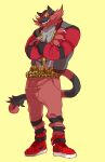  1boy belt bling brand_name_imitation chain clothed_pokemon colored_sclera crossed_arms ear_piercing full_body furry furry_male gold_chain green_eyes grin highres incineroar non-web_source pants piercing pokemon pokemon_(creature) red_footwear red_pants self-upload shoes simple_background smile sneakers solo standing studded_belt tail woborou yellow_background yellow_sclera 