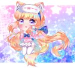  1girl animal_ear_fluff animal_ears animal_print artist_name blonde_hair blue_background blue_bow blue_bowtie blue_eyes blue_hairband blush border bow bowtie chibi cityscape collared_shirt crescent eyelashes fang fox_ears fox_tail gift_art gradient_background hair_bow hairband heart heart_in_eye holding holding_wand lace_trim letterboxed long_hair long_sleeves looking_at_viewer low_twintails lunime magical_girl mask mask_on_head miniskirt nyahallo_(rambonyankitty) open_mouth original outside_border pink_background pink_bow pink_shirt pink_sleeves pleated_skirt pocket purple_eyes rabbit_print ribbon_trim sailor_collar school_uniform serafuku shirt skirt sleep_mask smile solo sparkle starry_background symbol_in_eye tail thighhighs twintails two-tone_eyes v very_long_hair wand watermark white_border white_mask white_sailor_collar white_skirt white_thighhighs 
