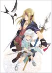  2boys bird bird_request black_gloves blonde_hair boots border cape closed_mouth fingerless_gloves from_above gloves grey_border grey_shorts headband hitaki_(tempo) holding holding_sword holding_weapon jacket long_hair looking_at_viewer magic_circle male_focus medium_hair multiple_boys original outstretched_arm perspective polearm short_sleeves shorts standing sword weapon white_background white_hair 