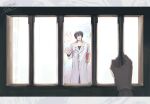  2boys black_hair book buttons coat e.g.o_(project_moon) highres holding holding_book lab_coat limbus_company long_sleeves multiple_boys parted_lips pov pov_hands prison_cell project_moon sang_yi_(project_moon) satome_setsuko smile white_coat wing_collar yi_sang_(project_moon) 