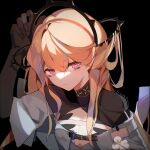  1girl arknights artist_name black_background black_gloves blonde_hair breasts cleavage closed_mouth commentary_request dated expressionless gloves grey_jacket hand_up highres indigo_(arknights) infection_monitor_(arknights) jacket kiruroco long_hair looking_at_viewer pink_eyes shrug_(clothing) simple_background solo upper_body 