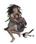 1boy 1girl absurdres bandaged_arm bandages bare_legs bare_shoulders barefoot black_eyes black_hair blonde_hair blood blood_on_clothes blood_on_face blood_on_ground blood_on_hands blood_on_weapon breasts brother_and_sister child covered_mouth crying curly_hair dark-skinned_female dark_skin despair dress dying facial_mark facial_tattoo fine_art_parody forehead_mark grey_cloak hand_on_another&#039;s_arm hand_on_another&#039;s_face hand_up highres hug injury ivan_the_terrible_and_his_son_ivan long_hair looking_ahead looking_up lying multi-tied_hair napal_(ve_xillum) original parody ringlets robe sash scythe seiza short_hair siblings sideboob simple_background sitting tattoo toga twisted_torso weapon white_background white_dress white_robe wrist_wrap 