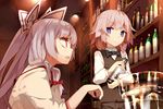  bar blue_hair bottle bow cup drinking_glass formal fujiwara_no_mokou glass grey_hair hair_bow holding izayoi_sakuya lamp long_hair multiple_girls nekomegane red_eyes ribbon smile suit suspenders touhou wine_bottle wine_glass 