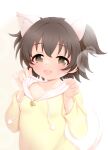  1girl akagi_miria animal_ears black_hair blush breasts brown_eyes cat_ears cat_tail collarbone commentary_request highres hood hoodie hosizora_mikoto idolmaster idolmaster_cinderella_girls long_sleeves open_mouth short_hair small_breasts solo tail teeth two_side_up upper_body upper_teeth_only yellow_hoodie 