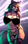 anthro belly big_breasts black_body black_fur black_sclera breasts canid canine clothed clothing digital_media_(artwork) fan_character female fishnet fishnet_legwear fur hair hi_res huge_breasts legwear lingerie looking_at_viewer mammal original_content red_eyes scarlet_side simple_background smile solo tail thick_thighs underwear white_body white_fur