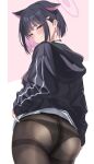  1girl animal_ears ass black_choker black_hair black_panties black_pantyhose blue_archive choker halo highres hood hoodie kazusa_(blue_archive) long_sleeves looking_at_viewer looking_back maosame panties pantyhose short_hair smile solo underwear 