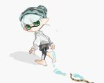  1boy barefoot beanie blue_hair closed_mouth commentary_request footprints green_eyes hat inkling inkling_boy pointy_ears short_hair solo spl8ya splatoon_(series) tentacle_hair walking white_background 