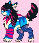 2024 ambiguous_gender armwear blue_claws canid canine canis claws clothing collar coontail_hair countershading feral fishnet fishnet_legwear hi_res hypnosis_eyes jackrabbit_(artist) legwear mammal markings piercing pink_claws solo sparkledog spiked_collar spikes striped_markings stripes wolf