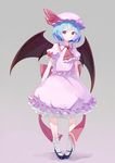  ascot bad_id bad_pixiv_id bat_wings blue_hair bow brooch dress grey_background hat hat_ribbon high_heels jewelry kokono_(sakaebaka) looking_at_viewer mary_janes pigeon-toed pink_dress puffy_sleeves red_bow red_eyes red_ribbon remilia_scarlet ribbon sash shoes short_sleeves socks solo touhou wings 