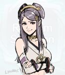  1girl arms_under_breasts artist_name bare_shoulders beads breasts cleavage cm_lynarc collar comb fire_emblem fire_emblem_fates hair_bun hair_ornament hairpods highres japanese_clothes large_breasts long_hair looking_at_viewer mature_female orochi_(fire_emblem) purple_eyes purple_hair sketch smile solo 