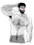  1boy armpit_hair armpit_hair_peek bara beard cropped_legs dragon_age dragon_age_2 facepaint facial_hair full_beard greyscale hairy hand_on_own_head hawke_(dragon_age_2) large_pectorals looking_to_the_side male_focus mature_male midoo_(scarecrow-forest) monochrome muscular muscular_male navel navel_hair neckbeard nipples pectorals scratching_head short_hair sideburns solo spot_color stomach thick_arm_hair thick_chest_hair topless_male very_hairy 