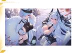  2girls animal_ears artist_request azur_lane between_breasts bird blue_hair breasts cleavage fur_trim gloves hair_over_one_eye hand_on_own_hip hat highres horns kursk_(azur_lane) kuybyshev_(azur_lane) lamp large_breasts long_hair looking_at_viewer manjuu_(azur_lane) multiple_girls necktie non-web_source official_art peaked_cap red_eyes short_hair smile thighs 