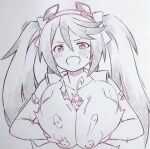  1girl :d blush bouncing_breasts breasts commentary_request copyright_request cum detached_sleeves ejaculation hetero highres large_breasts long_hair monochrome motion_lines open_mouth paizuri penis_face smile solo_focus traditional_media tsukareta_san twintails 