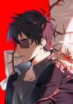  1boy black_hair black_jacket cigarette close-up goatee_stubble grey_shirt holding jacket looking_to_the_side male_focus nicholas_d._wolfwood profile raine_(acke2445) red_background shirt short_hair simple_background solo sunglasses trigun trigun_stampede 