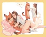  1girl :d absurdres animal_ears artist_name ass bare_legs bbybluemochi black_panties blue_eyes blush border breasts brown_hair commentary dog_ears english_commentary eyepatch from_side genderswap genderswap_(mtf) hair_between_eyes happy heart highres holding hugging_object long_hair looking_at_viewer lying multiple_views no_pants on_side open_mouth original panties pillow plant_print shirt simple_background smile socks speech_bubble spoken_heart string stuffed_animal stuffed_toy tail thighs underwear white_background white_shirt xie_lian yellow_border 