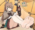  1girl ahoge barefoot bow bowtie brown_bow brown_bowtie brown_eyes brown_hair feather_hair_ornament feathers feet foot_focus friend_(nanashi_mumei) gloves hair_ornament holding holding_shoes hololive hololive_english jitome lantern long_hair looking_at_viewer nanashi_mumei nanashi_mumei_(1st_costume) on_bed partially_fingerless_gloves shoes softhanten tent unworn_shoes virtual_youtuber 