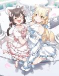  2girls :d ^_^ ahoge animal_ear_fluff animal_ears bare_shoulders blonde_hair blue_bow blue_footwear blurry blurry_background blush bow braid breasts brown_eyes butterfly_hair_ornament cat_ears cat_girl cat_tail closed_eyes closed_mouth commentary_request commission covered_collarbone day depth_of_field dress elbow_gloves facing_viewer fang flower frilled_dress frills gloves hair_bow hair_flower hair_ornament hand_up highres holding_hands long_hair looking_at_viewer medium_breasts multiple_girls original outdoors petals pink_footwear puffy_short_sleeves puffy_sleeves rose shoes short_sleeves skeb_commission smile standing standing_on_one_leg table tail v very_long_hair white_dress white_flower white_gloves white_rose yukie_(kusaka_shi) 