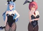  2girls absurdres animal_ears between_breasts black_gloves black_leotard black_pantyhose blue_hair blush breasts cleavage closed_mouth collar detached_collar fake_animal_ears fishnet_pantyhose fishnets gloves hand_on_own_hip heterochromia highres hololive houshou_marine large_breasts leotard long_hair melow_menow multiple_girls nail_polish necktie necktie_between_breasts open_mouth pantyhose playboy_bunny rabbit_ears red_eyes red_hair red_nails red_necktie short_hair small_breasts smile strapless strapless_leotard usada_pekora virtual_youtuber white_collar white_wrist_cuffs wrist_cuffs yellow_eyes 
