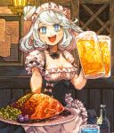  1girl :d alcohol apron barmaid beer beer_mug black_bow black_bowtie black_corset black_skirt blue_drink blue_eyes blush bottle bow bowtie breasts commentary_request corset cup dirndl drink drinking_glass food frilled_apron frilled_shirt frilled_skirt frills fruit german_clothes grapes hanging_light holding holding_cup holding_tray indoors looking_at_viewer maid_headdress meat mug open_mouth original pixel_art puffy_short_sleeves puffy_sleeves shibairo shirt short_hair short_sleeves sidelocks skirt smile solo sparkle swept_bangs teeth tray underbust upper_teeth_only vegetable waist_apron waitress white_apron white_bow white_hair white_shirt 