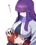  1boy 1girl black_hair blunt_bangs blush breasts closed_eyes fern_(sousou_no_frieren) headpat highres hyoe_(hachiechi) lap_pillow large_breasts long_hair long_sleeves lying lying_on_lap lying_on_person multicolored_hair purple_eyes purple_hair red_hair short_hair sidelocks sleeping sleeping_on_person sousou_no_frieren stark_(sousou_no_frieren) straight_hair 