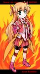  arisa_bannings armor bike_shorts blonde_hair boots character_name clenched_hand copyright_name fingerless_gloves fire gloves green_eyes hair_ribbon kuromitu_(kageneko) long_hair lyrical_nanoha magical_girl mahou_shoujo_lyrical_nanoha_innocent pink_footwear puffy_sleeves ribbon skirt smile solo two_side_up 