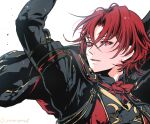  1boy alear_(fire_emblem) alear_(male)_(fire_emblem) arm_up black_cape cape crossed_bangs fire_emblem fire_emblem_engage hair_between_eyes highres looking_at_viewer male_focus open_mouth red_eyes red_hair short_hair simple_background umi_(_oneinchswing) white_background 