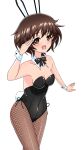  1girl absurdres akiyama_yukari animal_ears black_bow black_bowtie black_leotard bow bowtie breasts brown_eyes brown_hair commentary_request covered_navel cowboy_shot detached_collar earlobe1514366 fake_animal_ears fake_tail girls_und_panzer grey_pantyhose highres leaning_forward leotard looking_at_viewer medium_breasts messy_hair open_mouth pantyhose partial_commentary playboy_bunny rabbit_ears rabbit_tail short_hair side-tie_leotard simple_background smile solo standing strapless strapless_leotard tail white_background wing_collar wrist_cuffs 