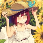  1girl bare_shoulders blush boa_(brianoa) breasts collarbone dress field flower flower_field grin hair_ribbon hat highres kohaku_(tsukihime) looking_at_viewer medium_breasts red_hair ribbon short_hair smile solo straw_hat sunflower sunflower_field tsukihime white_dress yellow_eyes 