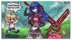  alternate_costume alternate_weapon amulet arm_up blonde_hair blue_hair blush breasts closed_eyes cosplay crossover english_text fire_emblem fire_emblem_awakening highres holding holding_weapon kirby kirby_(series) long_hair looking_at_another looking_back looking_to_the_side lucina_(fire_emblem) male_swimwear monado nintendo open_mouth sandals short_hair shulk_(xenoblade) shulk_(xenoblade)_(cosplay) smile stoic_seraphim super_smash_bros. swim_trunks swimsuit tearing_up tiara weapon wristband xenoblade_chronicles_(series) xenoblade_chronicles_1 