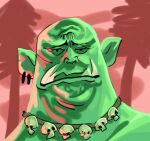 ambiguous_gender green_body green_skin headshot_portrait humanoid humanoid_pointy_ears lostwisdom male orc painty_sketch portrait shaded simple_background simple_eyes simple_shading skull_accessory solo tusks
