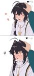  1boy 1other absurdres ahoge androgynous black_hair blush fate/samurai_remnant fate_(series) flower hair_between_eyes hair_intakes happy headpat heart highres japanese_clothes jewelry long_hair miyamoto_iori_(fate) necklace open_mouth pov shirosaki20725 squiggle upper_body white_background yamato_takeru_(fate) yellow_eyes 
