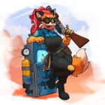 absurd_res anthro boots canid canine clothing cute_fangs dipstick_tail dispenser_(team_fortress_2) engineer_(team_fortress_2) eyewear female footwear fox gloves goggles gun hair handwear hi_res leaning leaning_back looking_at_viewer mammal markings pepper_(sketchytoasty) ranged_weapon red_hair shirt shotgun sketchytoasty smile smiling_at_viewer solo tail tail_markings team_fortress_2 tied_hair tool_belt topwear valve weapon