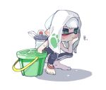  1boy blush closed_mouth full_body green_eyes hand_on_own_face ink_tank_(splatoon) inkling inkling_boy pointy_ears short_hair simple_background solo spl8ya splatoon_(series) splatoon_2 squatting tentacle_hair translation_request tri-slosher_(splatoon) wet white_background white_hair white_towel 