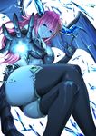 blonde_hair blue_skin breasts cleavage crossed_legs demon_girl elbow_gloves from_below gloves hera-is_(p&amp;d) hera_(p&amp;d) horns ice kbng large_breasts multicolored_hair puzzle_&amp;_dragons red_hair sitting smile solo thighhighs wings 