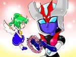  ascot cherry_blossoms chibi crossover daiyousei dress floating gem gradient gradient_background green_eyes green_hair hair_ribbon light_particles mazinger_z mecha minerva_x nmyaa open_mouth ribbon robot short_hair side_ponytail socks touhou v_arms wings wreath 
