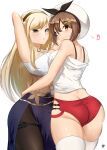  2girls arms_around_waist arms_up ass atelier_(series) atelier_ryza atelier_ryza_1 back black_pantyhose blonde_hair blue_dress blush breast_press brown_eyes brown_hair butt_crack camisole closed_mouth dress hair_between_eyes hairband heart highres klaudia_valentz long_hair looking_at_viewer multiple_girls pantyhose parted_lips red_shorts reisalin_stout sana!rpg short_hair short_shorts shorts sidelocks smile spoken_heart standing thighs two-tone_dress white_background white_camisole white_dress yellow_eyes 