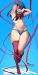  armpits asymmetrical_legwear black_hair blue_eyes gridman_universe highleg highleg_panties highres kneehighs midriff navel panties red_ribbon ribbon ribbon_bra socks ssss.gridman takarada_rikka thighhighs underwear zah_takara 