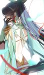  1girl aqua_hair back_cutout bare_back blue_hair clothing_cutout cloud_retainer_(genshin_impact) commentary_request genshin_impact hand_up highres long_hair simple_background solo syandega upper_body very_long_hair xianyun_(genshin_impact) 