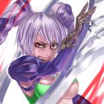  1girl blade breasts eyelashes highres murasaki-sin open_mouth purple_hair red_eyes solo soul_calibur soulcalibur_v tira tira_(soulcalibur) twintails underboob weapon 