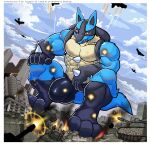 aircraft airplane anthro blue_body bulge canid canine city clothing crouching destruction detailed_bulge explosion generation_4_pokemon hi_res jet lucario macro male mammal muscular muscular_male nintendo pokemon pokemon_(species) red_eyes speedo swimwear tank vehicle wolfmalro