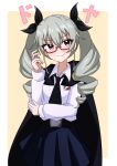  1girl absurdres anchovy_(girls_und_panzer) anzio_school_uniform belt black_belt black_cape black_necktie black_ribbon cape closed_mouth commentary dress_shirt drill_hair emblem girls_und_panzer glasses green_hair hair_ribbon hand_on_own_ass highres long_hair long_sleeves looking_at_viewer miniskirt motti_(motthi0711) necktie pleated_skirt red-framed_eyewear red_eyes ribbon school_uniform semi-rimless_eyewear shirt skirt smile solo standing translated twin_drills twintails under-rim_eyewear white_shirt wing_collar 